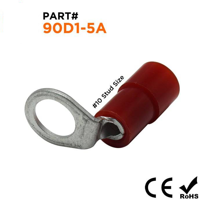 90D1-5A - 22 to 16 AWG Right Angle Nylon Insulated Ring Terminals, #10 Stud, 100 Pieces