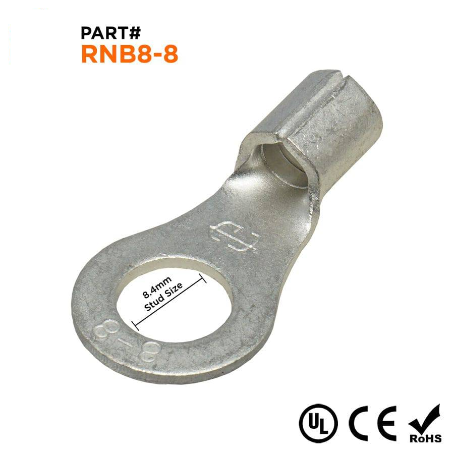 RNB8-8 - 8 AWG Non Insulated Ring Terminals, 5/16" Stud, UL Approved, 25 Pieces