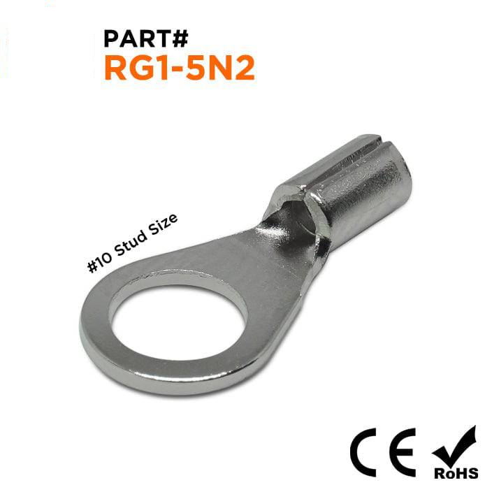 RG1-5N2 - 22 to 16 AWG High Temperature Ring Terminals, #10 Stud, Steel, 900°F, 100 Pieces