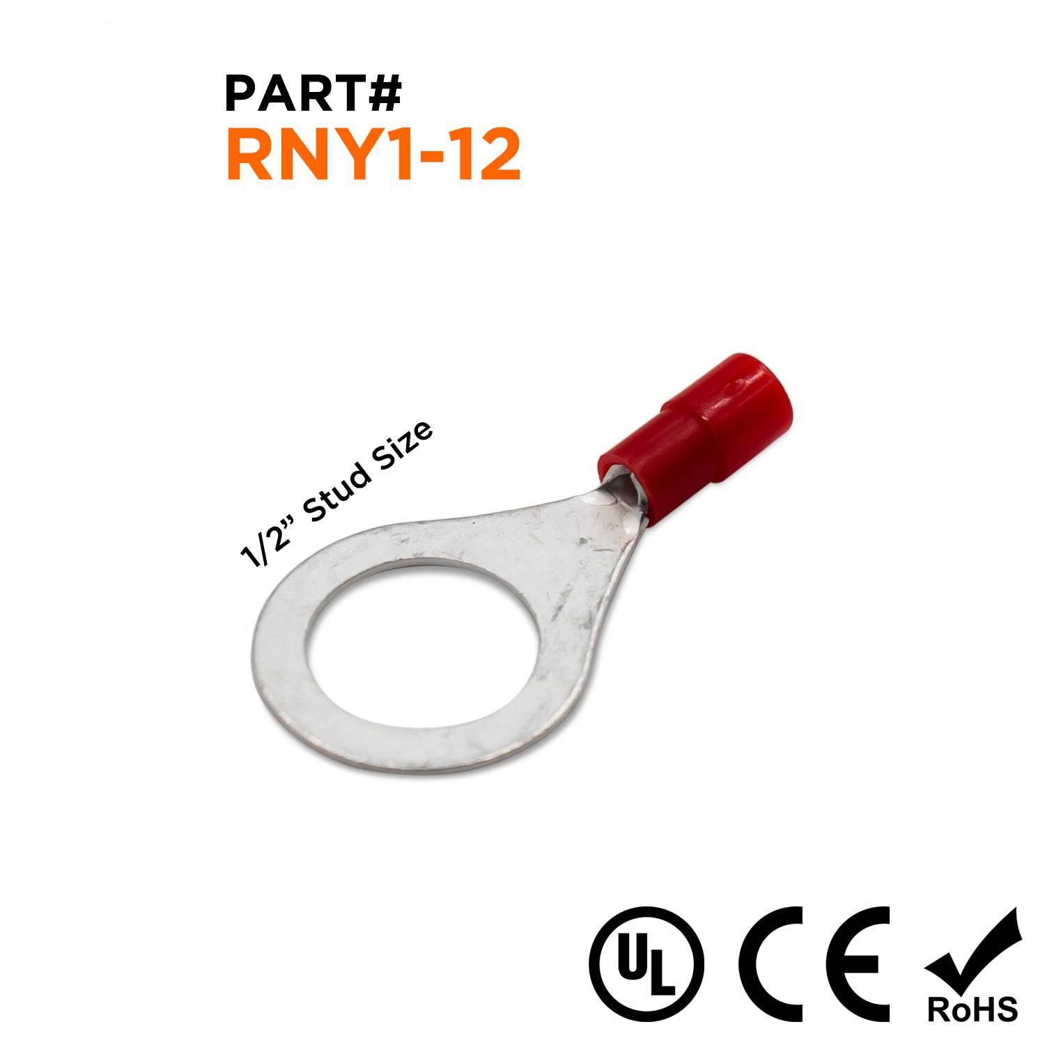 RNY1-12 - 22 to 16 AWG Nylon Insulated Ring Terminals, 1/2" Stud, Butted Seam, 100 Pieces