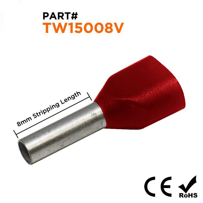 Z+F V30AE000623 - 2x16 AWG Twin Wire Ferrules, 8mm Pin, Red, 500 Pieces