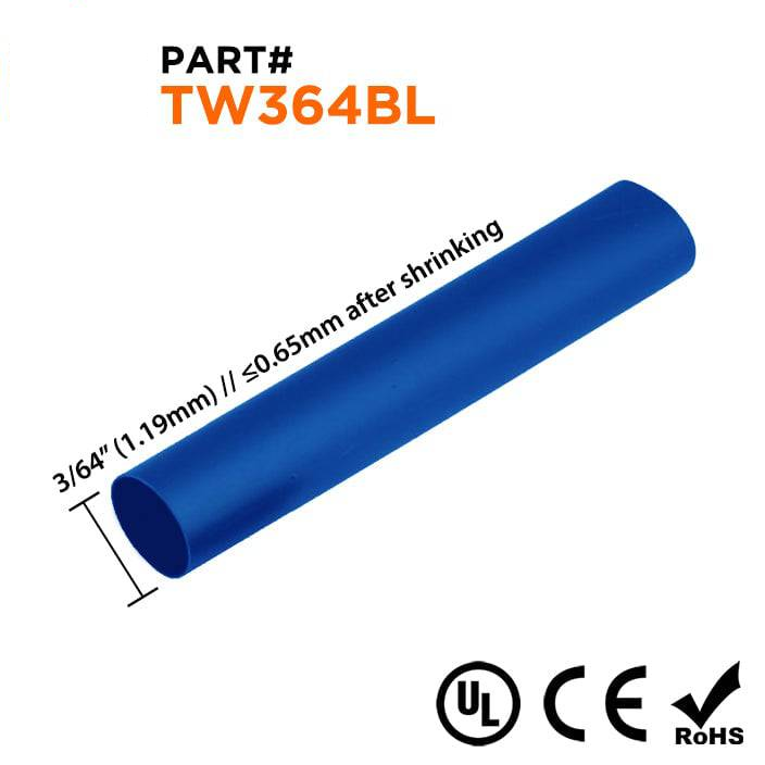 TW364BL - 3/64" Thin Wall Heat Shrink Tubing, 2:1 Shrink Ratio, Blue, Spool of 500ft