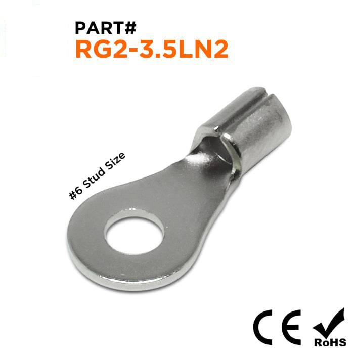 RG2-3.5LN2 - 16 a 14 AWG De alta temperatura Terminales de anillo, #6 Orificio, De acero, 900°F, 100 piezas