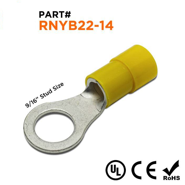 RNYB22-14 - 4 AWG Nylon Insulated Ring Terminals, 9/16" Stud, 10 Pieces
