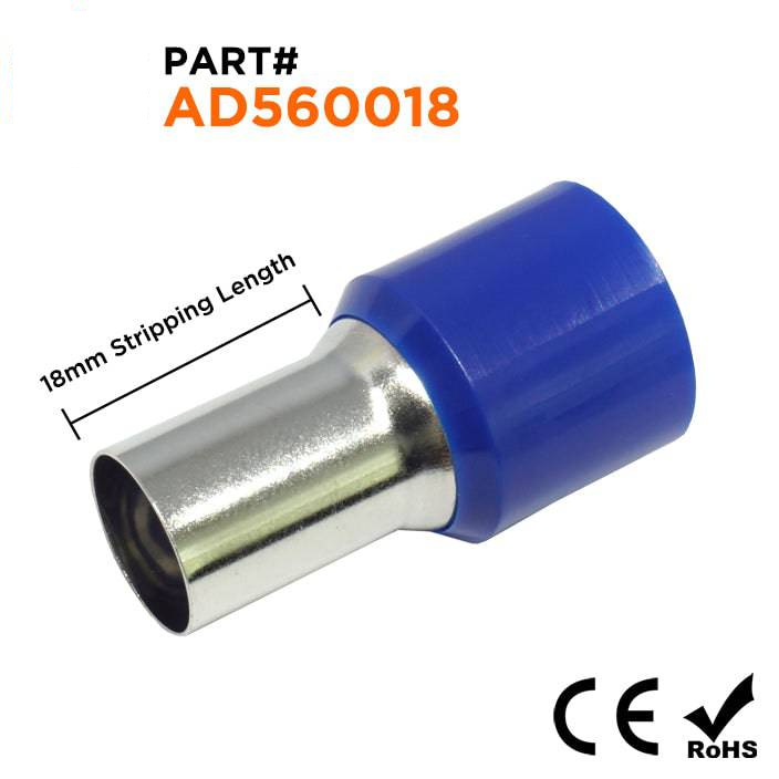 AD560018 - 0 & 1/0 AWG Single Insulated Wire Ferrules, 18mm Pin, Blue, 25 Pieces