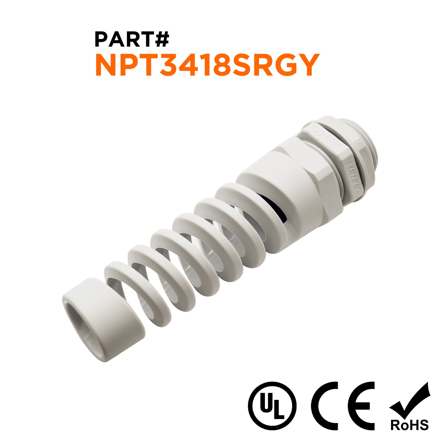 N3418SRGY - 3/4" NPT Rosca De nailon Flexible Prensaestopas, Gris, Rango: 1/2" a 11/16", UL Listed, IP68, IP69K - 1 pieza