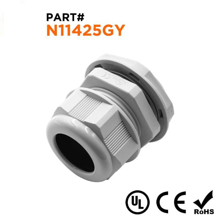 N11425GY - 1-1/4" NPT Thread Nylon Cable Gland, Gray, Range: 11/16" to 1", UL Listed, IP68, IP69K - 1 Piece