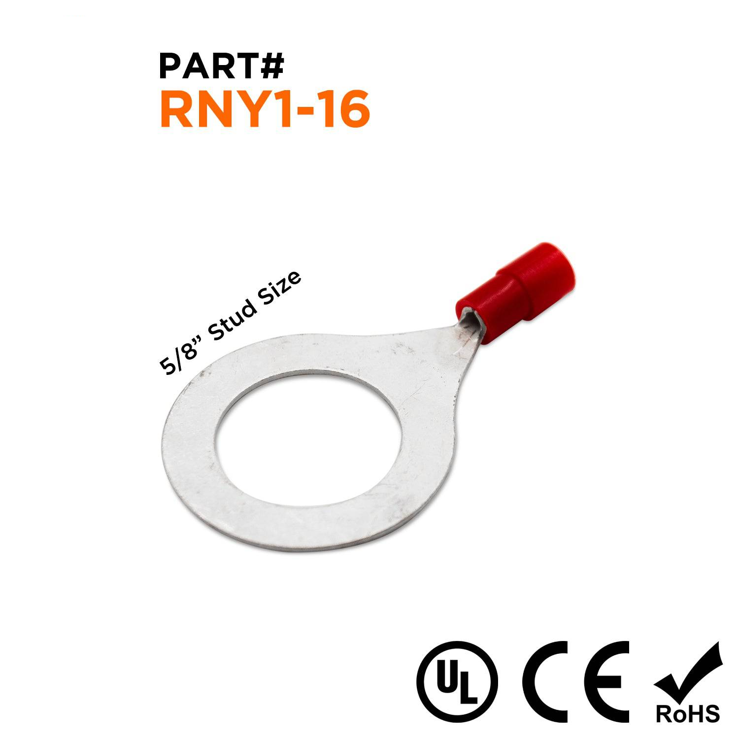 RNY1-16 - 22 a 16 AWG Con aislamiento de nailon Terminales de anillo, 5/8" Orificio, Butted Seam, 50 piezas