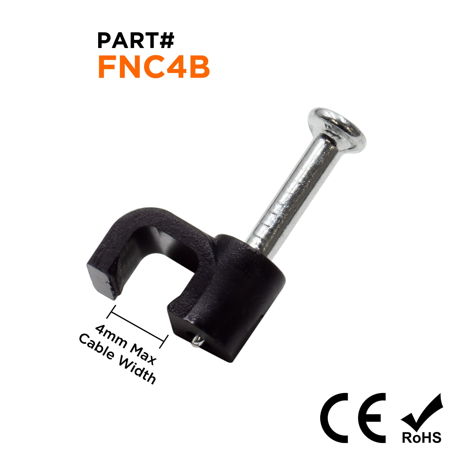 FNC4B - Nail In Cable Clips, Cable Nails Tacks, Flat, 4mm, 0.16", Black, 100 Pieces