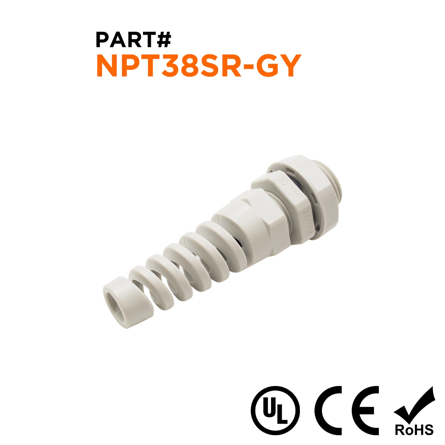 N3808SRGY - 3/8" NPT Thread Nylon Cable Gland with Strain Relief, Gray, Range: 3/16" to 5/16", UL Listed, IP68, IP69K - 1 Piece