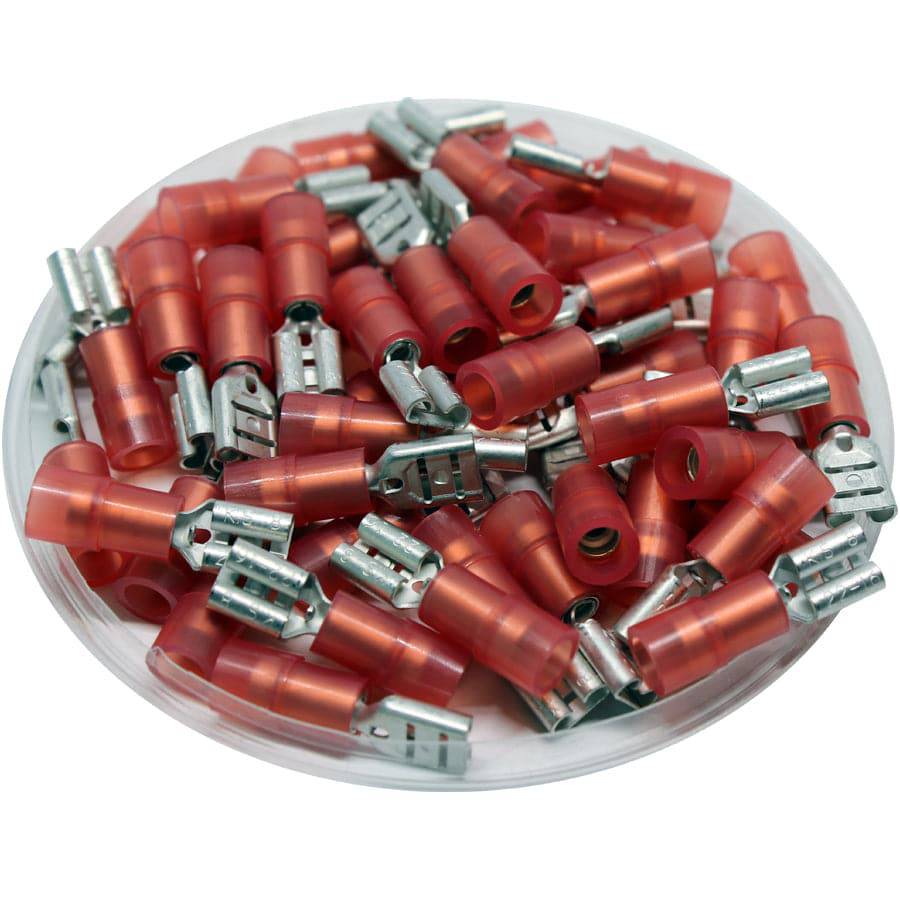 FDNYD1-187(8) - 22 a 16 AWG Con aislamiento de nailon Terminales de desconexión rápida, Female, Double Crimp, UL Recognized, 100 piezas