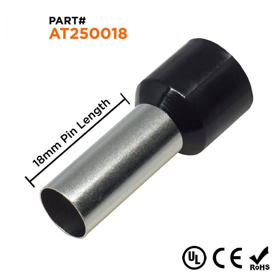 AT250018 - 4 AWG Insulated Punteras, 18mm Pin, Negro, UL Recognized, 100 piezas