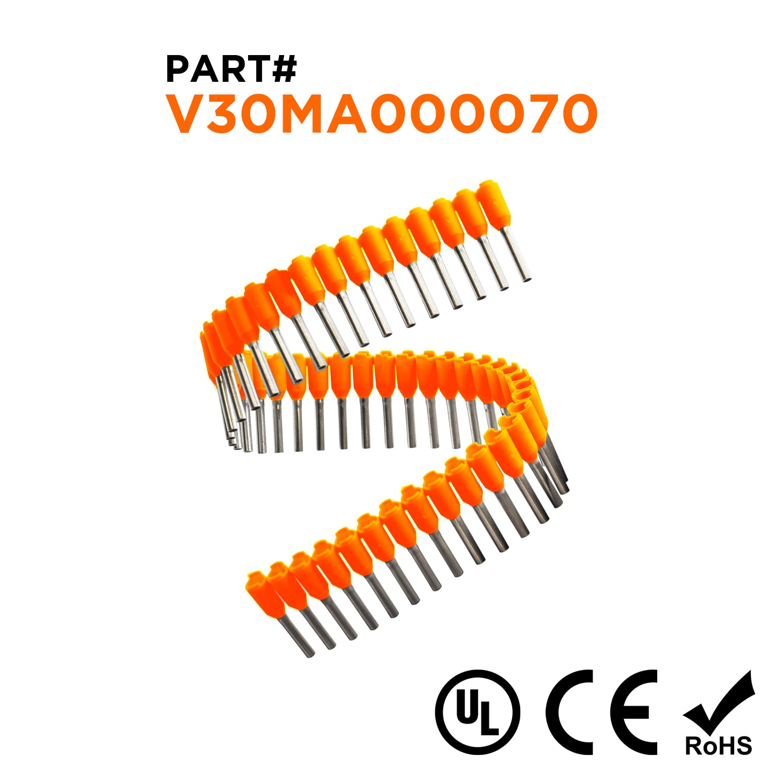 Z+F V30MA000070 - 22 AWG Insulated Punteras Strips, 8mm Pin, Naranja, 500 piezas