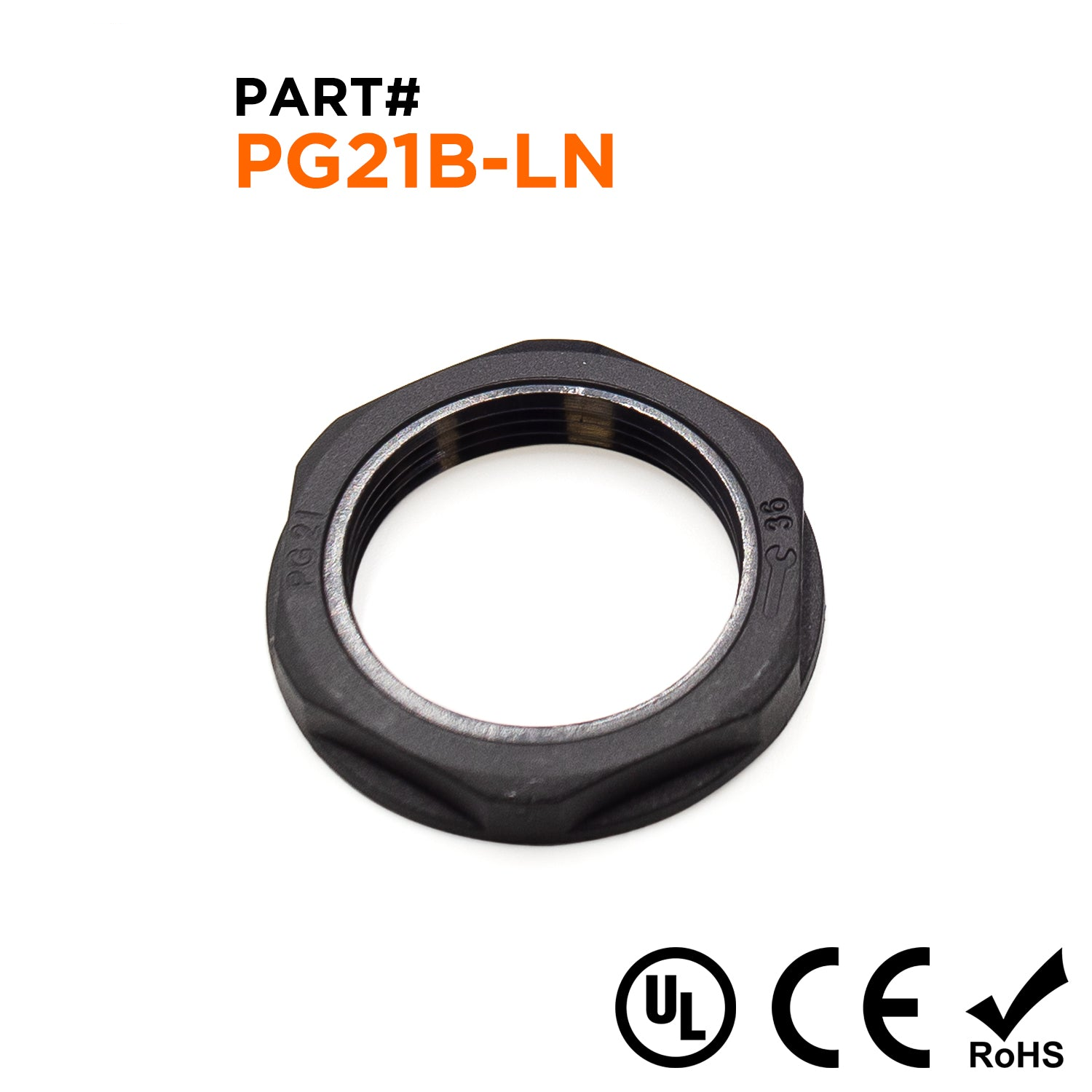 PG21 Thread Nylon Lock Nut for PG Cable Glands, Black, UL Approved, 1 Piece - PG21B-LN