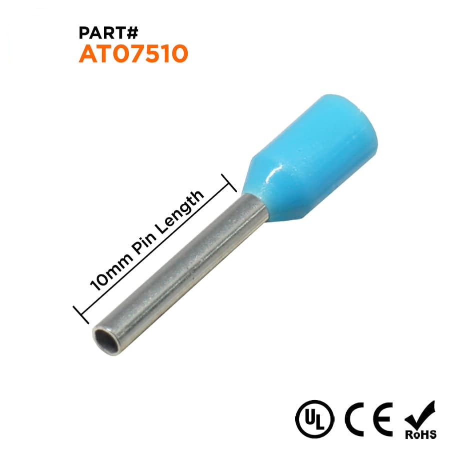 AT07510 - 20 & 18 AWG Single Insulated Wire Ferrules, 10mm Pin, Light Blue, UL Recognized, 500 Pieces