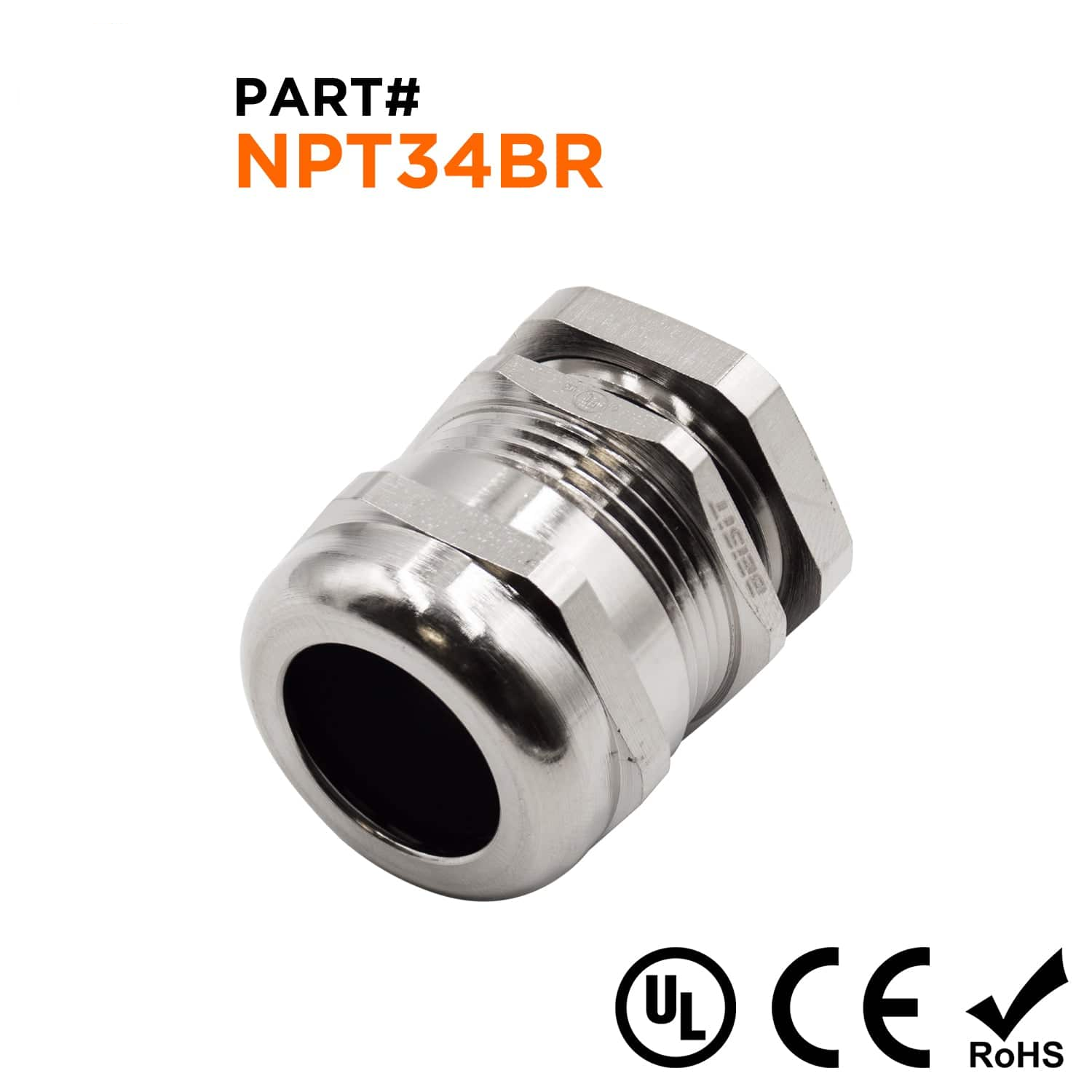 N3418BR - 3/4" NPT Thread Plated Brass Cable Gland, Range: 1/2" to 11/16", UL Listed, IP68, IP69K - 1 Piece