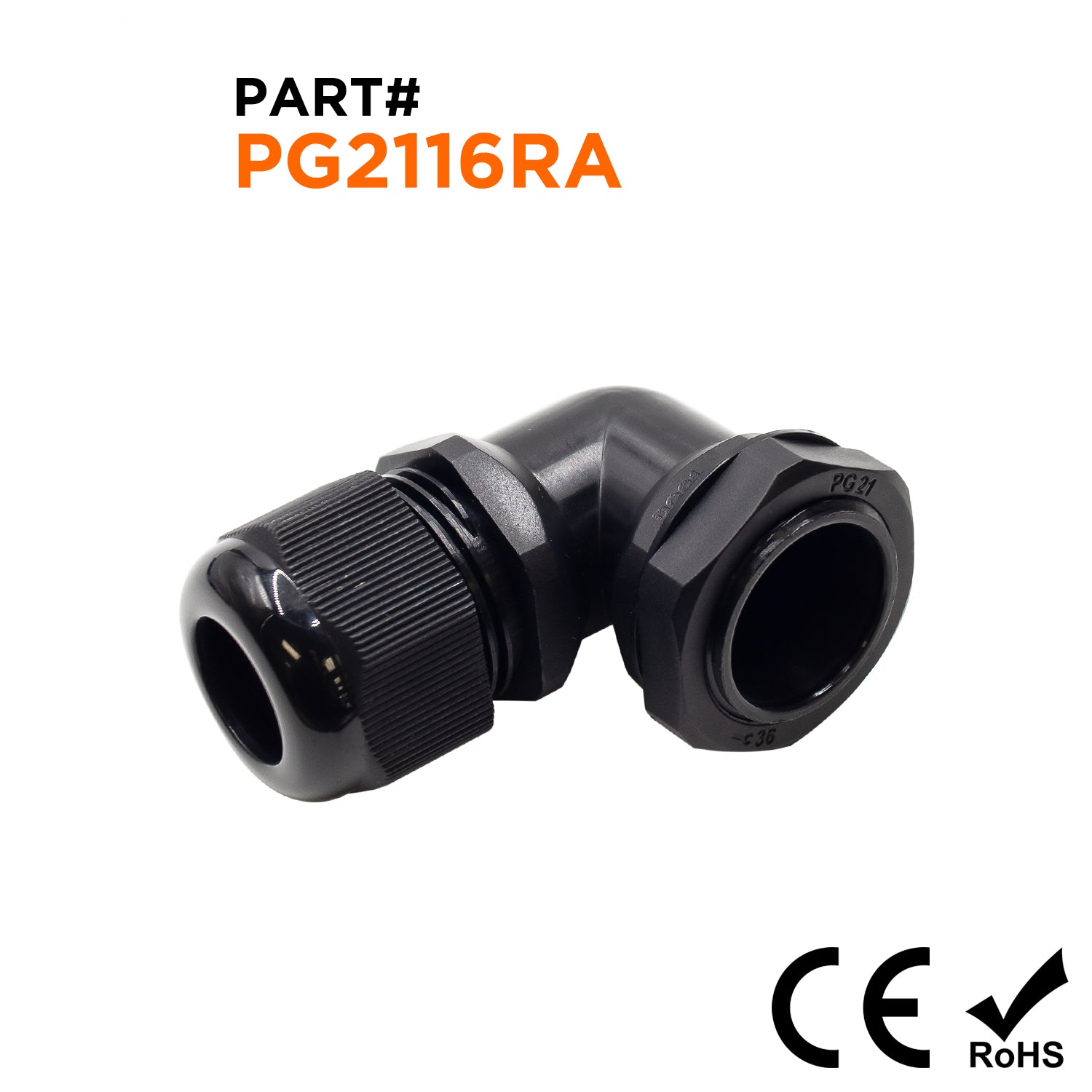PG21 Right Angle Cable Gland, Black, IP68, 9-16mm Range, UL Recognized - PG2116RA