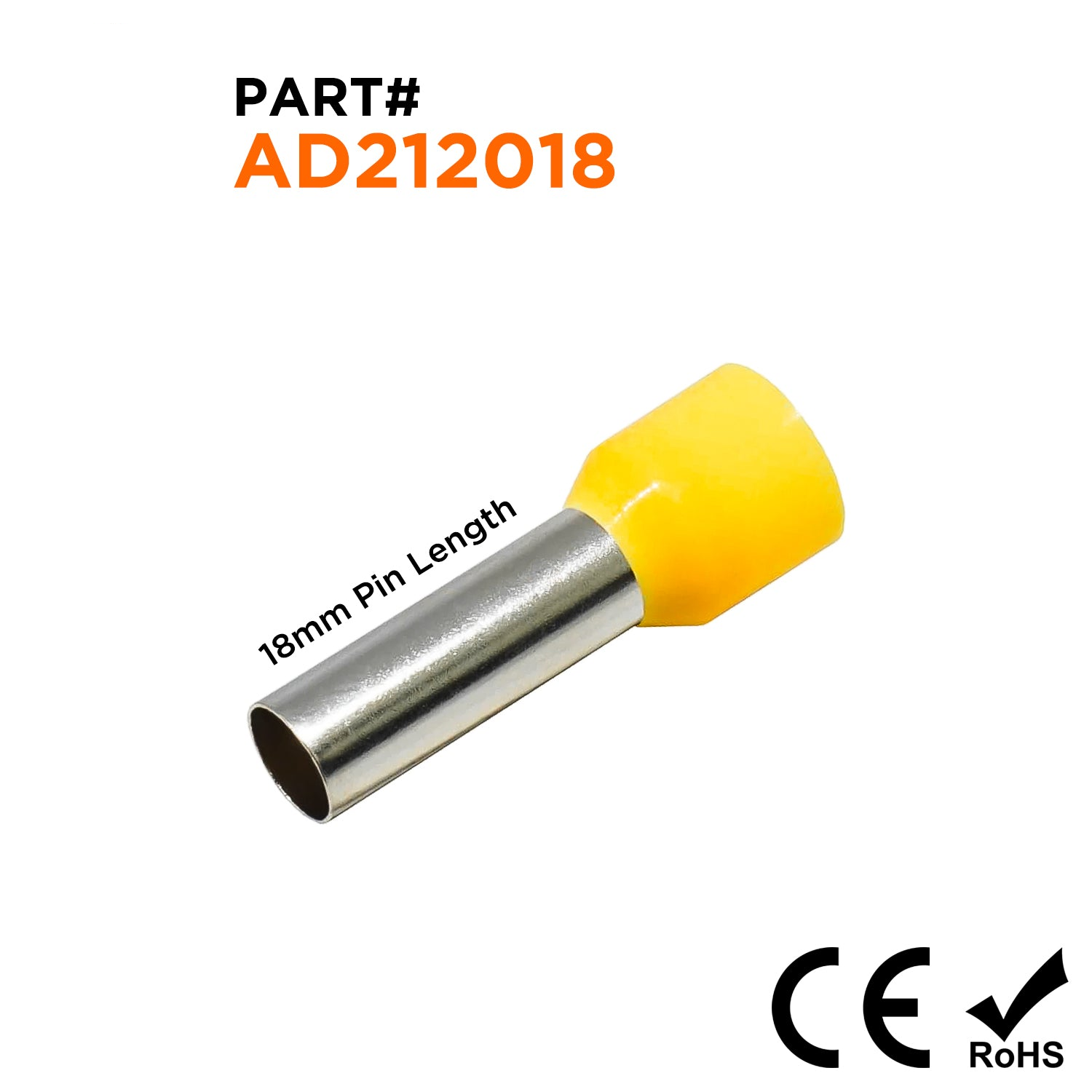 AD212018 - 4 AWG (Small Diameter) Insulated Wire Ferrules, 18mm Pin, Yellow, 100 Pieces