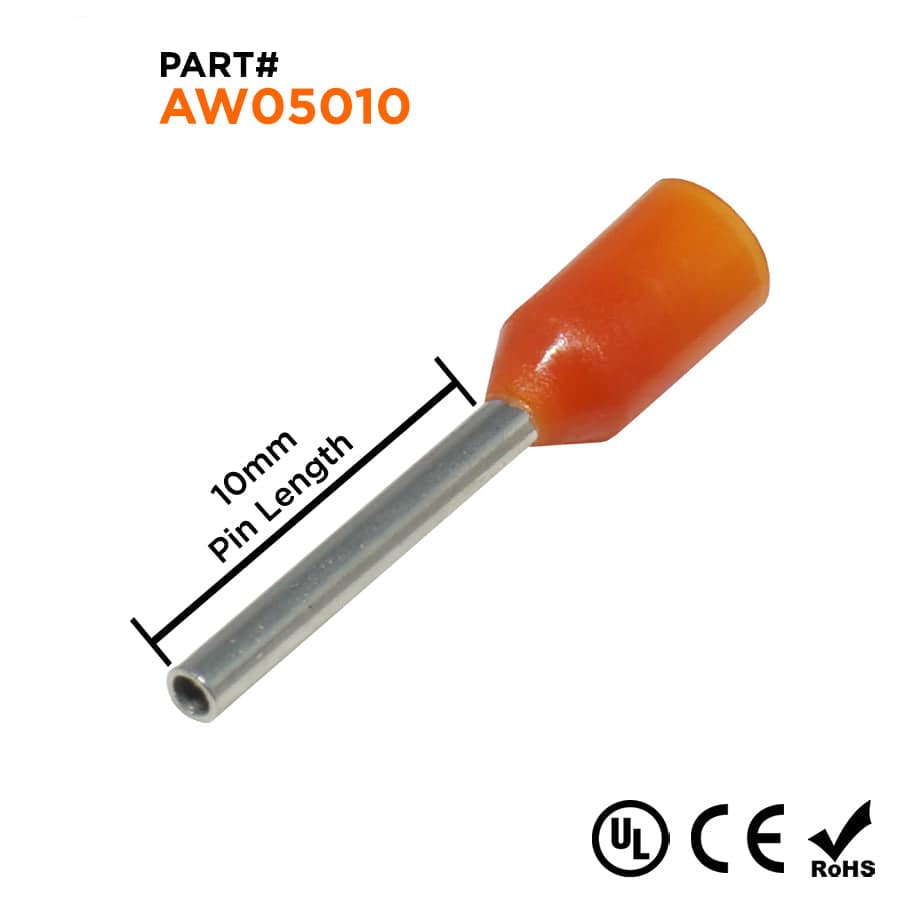 AW05010 - 22 & 20 AWG Insulated Wire Ferrules, 10mm Pin, Orange, UL Recognized, 500 Pieces