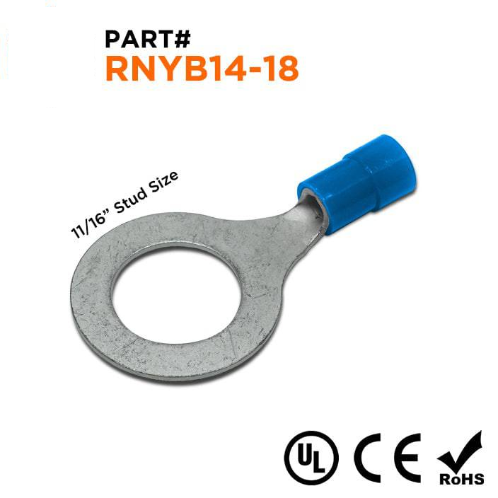 RNYB14-18 - 6 AWG Nylon Insulated Ring Terminals, 11/16" Stud, 10 Pieces