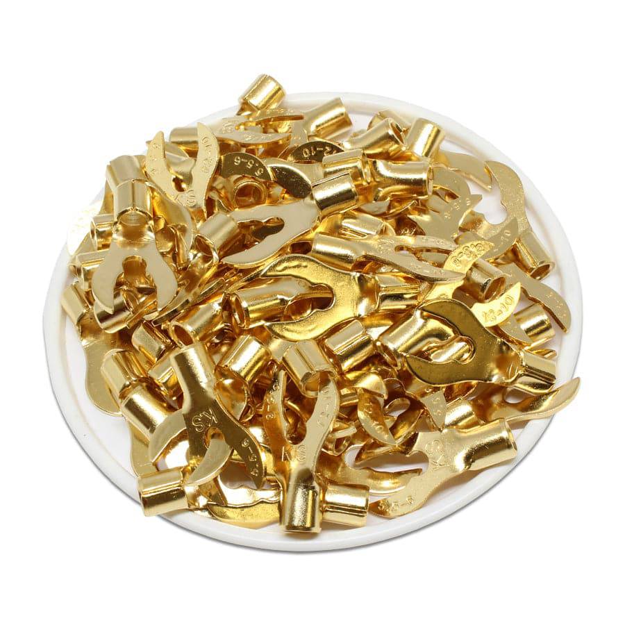 LAN5-6G - 12 a 10 AWG Gold Plated Terminales de horquilla, 1/4" Orificio, 100 piezas