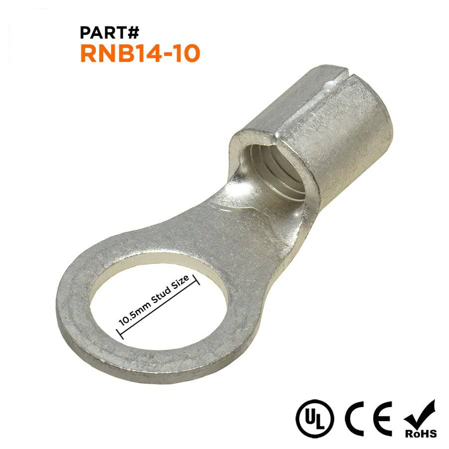 RNB14-10 - 6 AWG Non Insulated Ring Terminals, 3/8" Stud, 25 Pieces