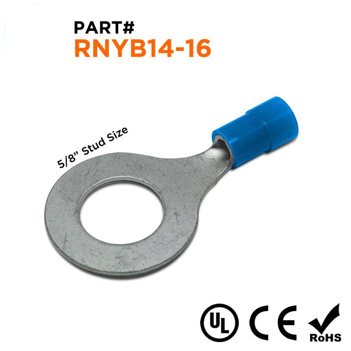 RNYB14-16 - 6 AWG Nylon Insulated Ring Terminals, 5/8" Stud, 10 Pieces