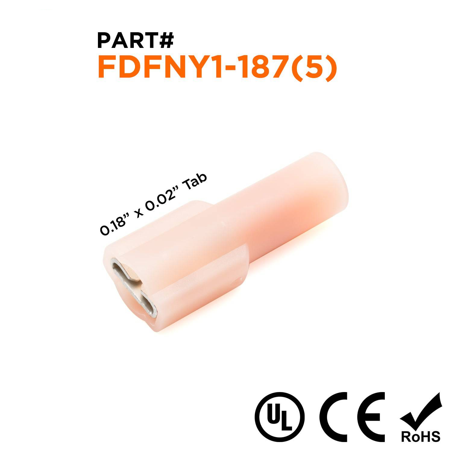 FDFNY1-187(5) - 22 to 16 AWG Nylon Insulated Quick Disconnects, Female, Fully Insulated, 100 Pieces