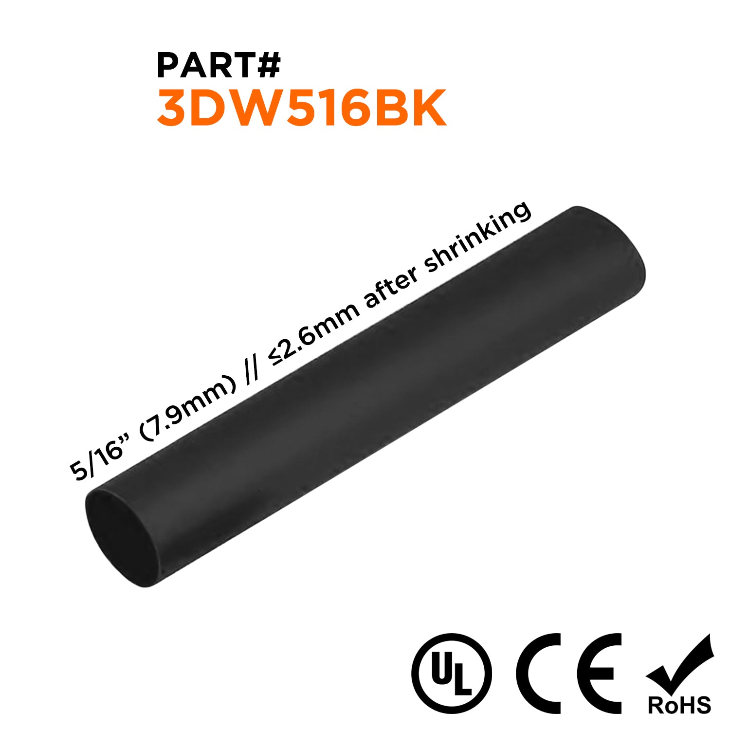 3DW516BK - 5/16" Double Wall Heat Shrink Tubing, 3:1 Shrink Ratio, Black, 4ft Strip