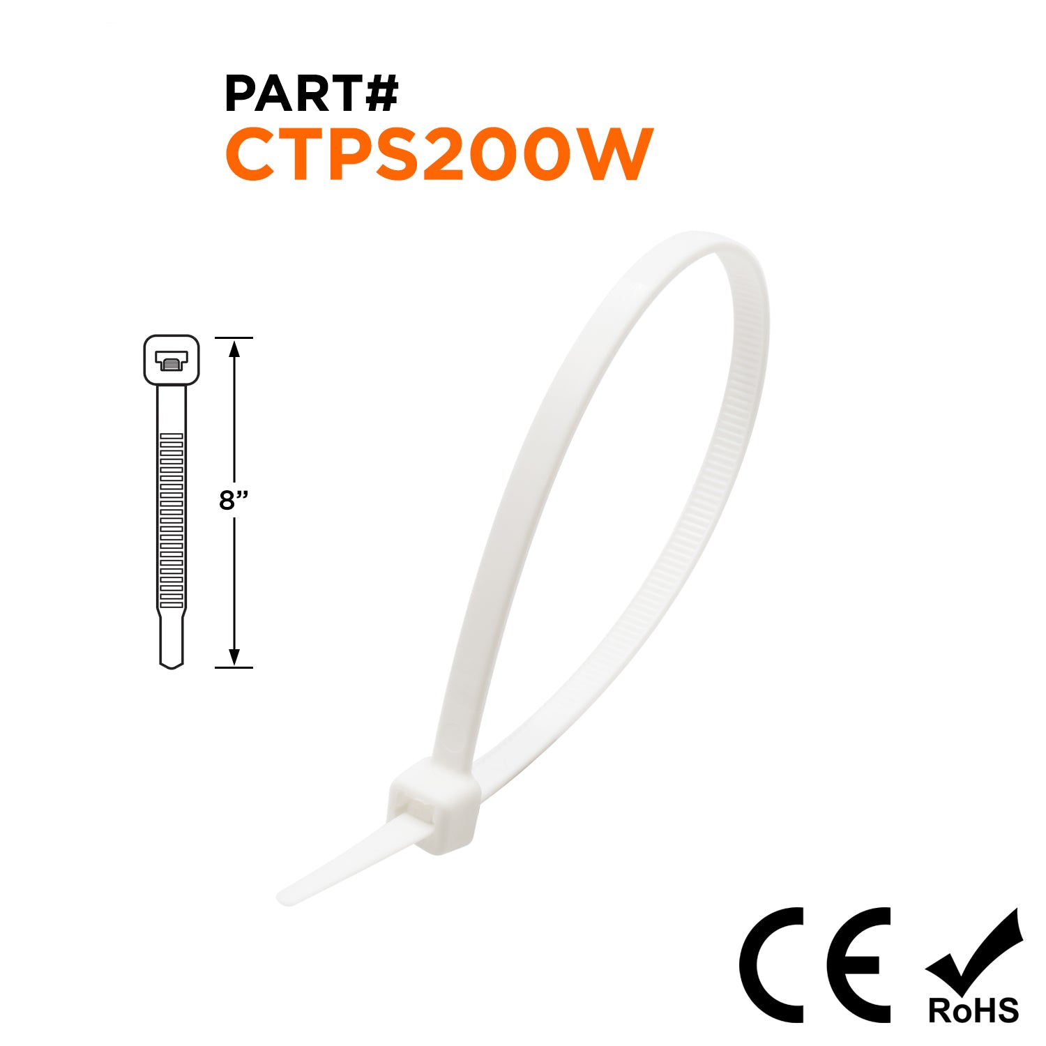 CTPS200W - 8" Polypropylene Standard Cable Ties, 30-lb Tensile Strength, White, 100-Pack