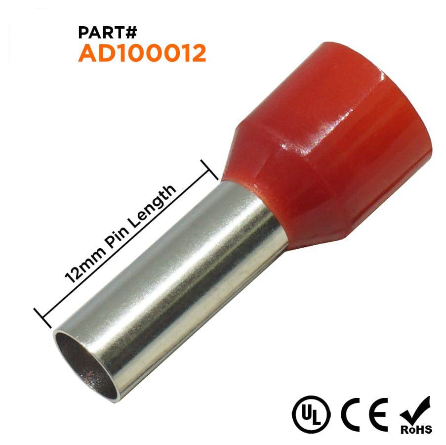 AD100012 - 8 AWG Insulated Punteras, 12mm Pin, Rojo, UL Recognized, 100 piezas