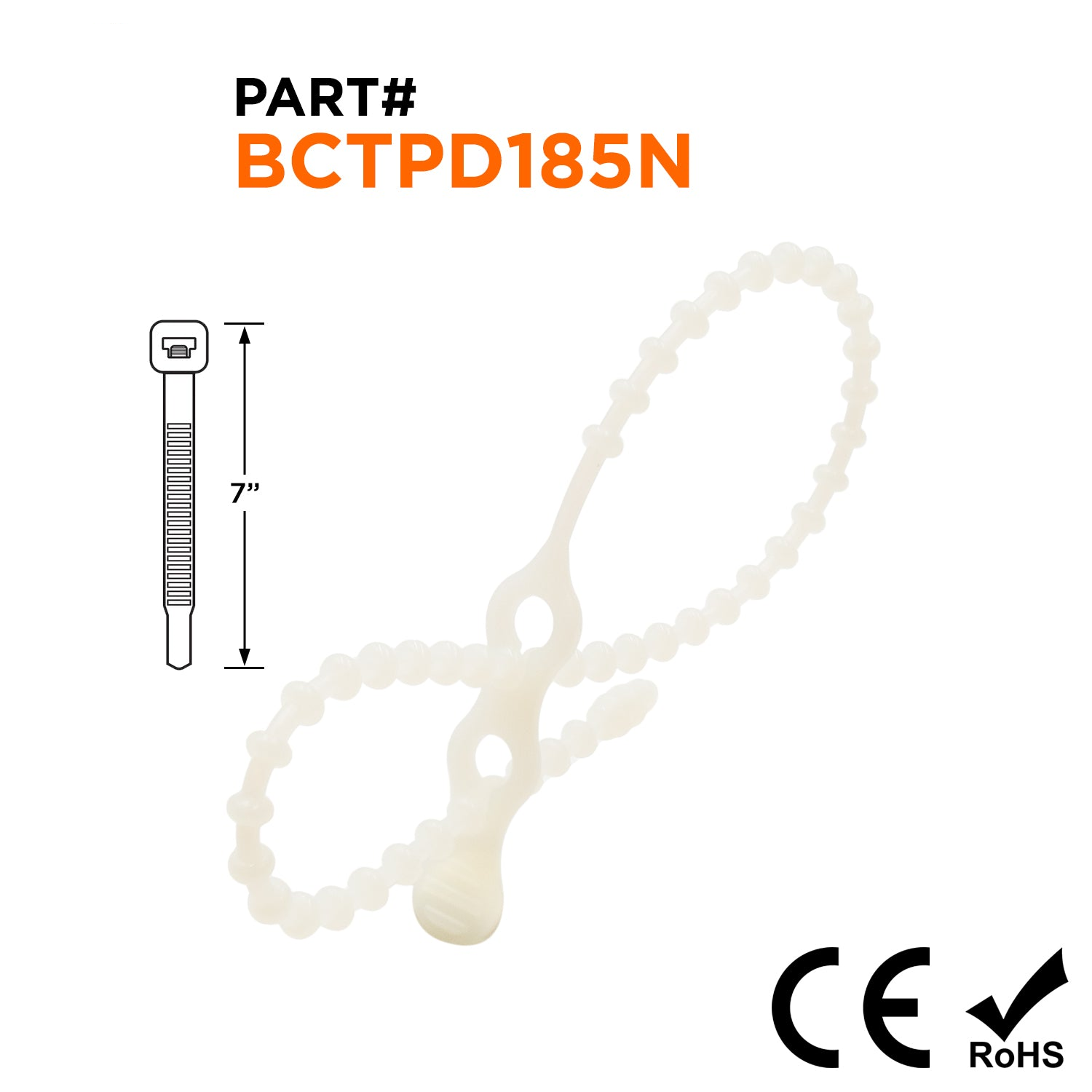 BCTPD185N - 7" Estándar Double Loop Beaded Polyethylene Reusable Bridas, 35-lb Tensile Strength, Natural, 100-Pack