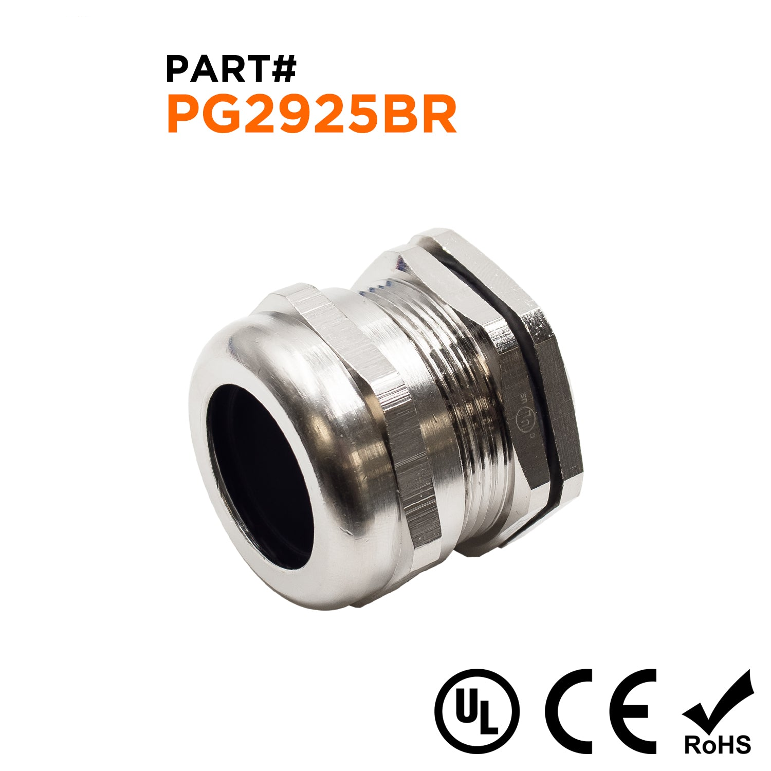 P2925BR - PG29 Thread Plated Brass Cable Gland, Range: 11/16" to 1", UL Listed, IP68, IP69K - 1 Piece
