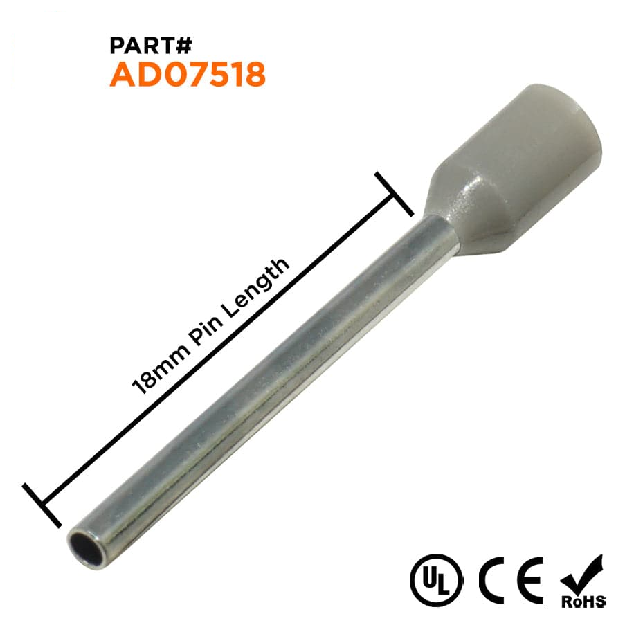 AD07518 - 20 & 18 AWG Insulated Punteras, 18mm Pin, Gris, UL Recognized, 500 piezas