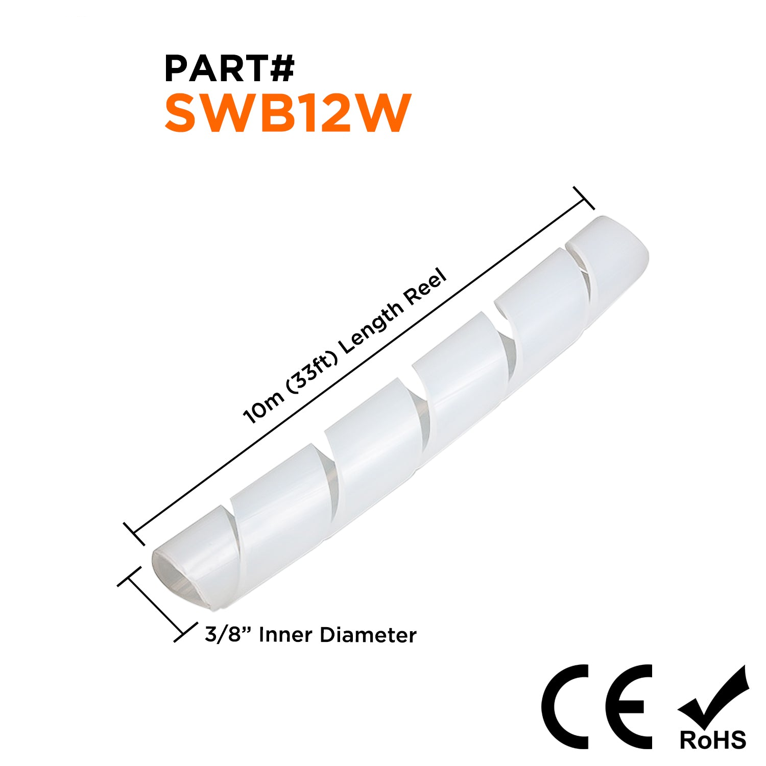 3/8" Polyethylene Spiral Wrap Tubing, Cable Wrap, White, 33-ft Bundle - SWB12W