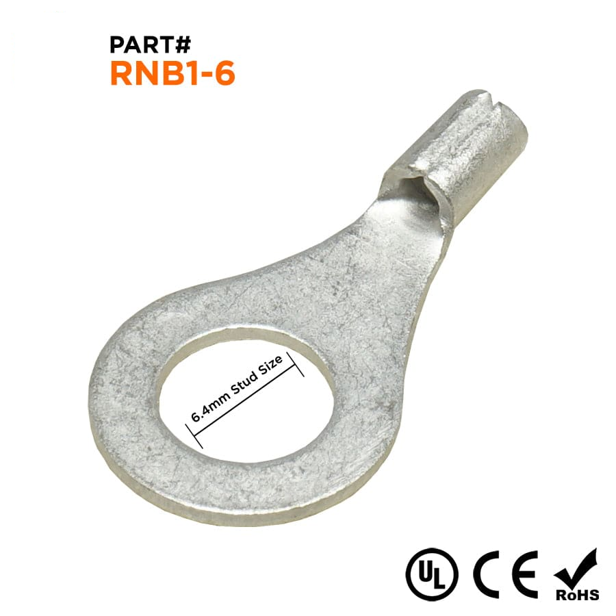 RNB1-6 - 22 to 16 AWG Non Insulated Ring Terminals, 1/4" Stud, UL Recognized, 100 Pieces