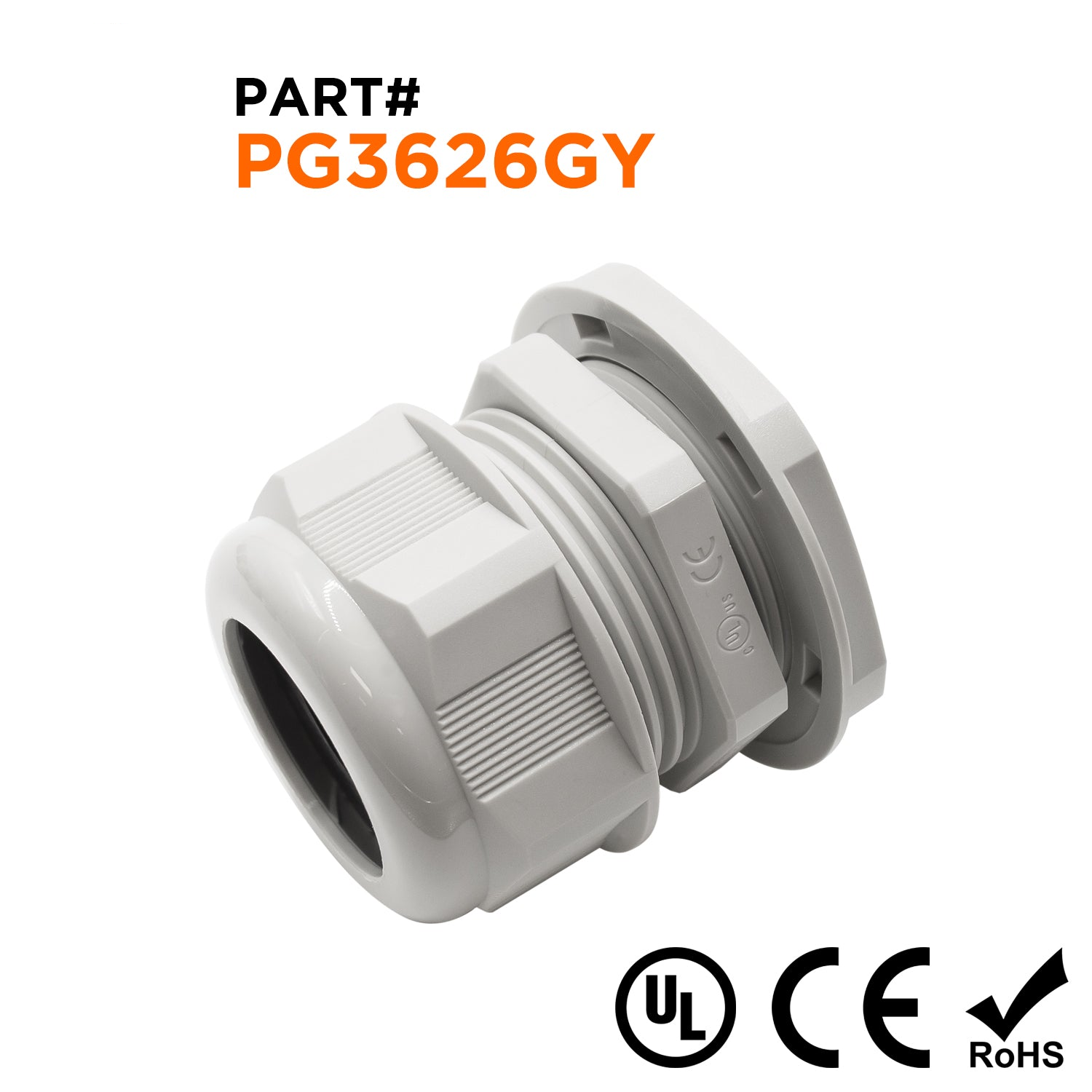 P3626GY - PG36 Thread Nylon Cable Gland, Gray, Range: 13/16" to 1", UL Listed, IP68, IP69K - 1 Piece