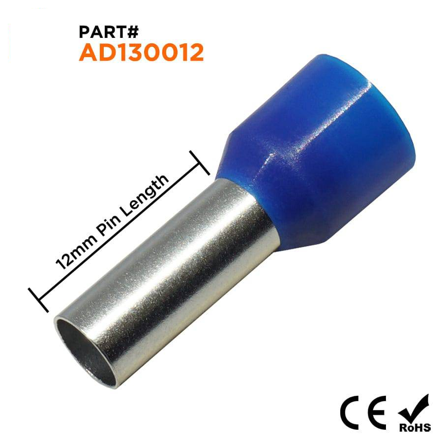 AD130012 - 6 AWG (Small Diameter) Insulated Punteras, 12mm Pin, Azul, 100 piezas