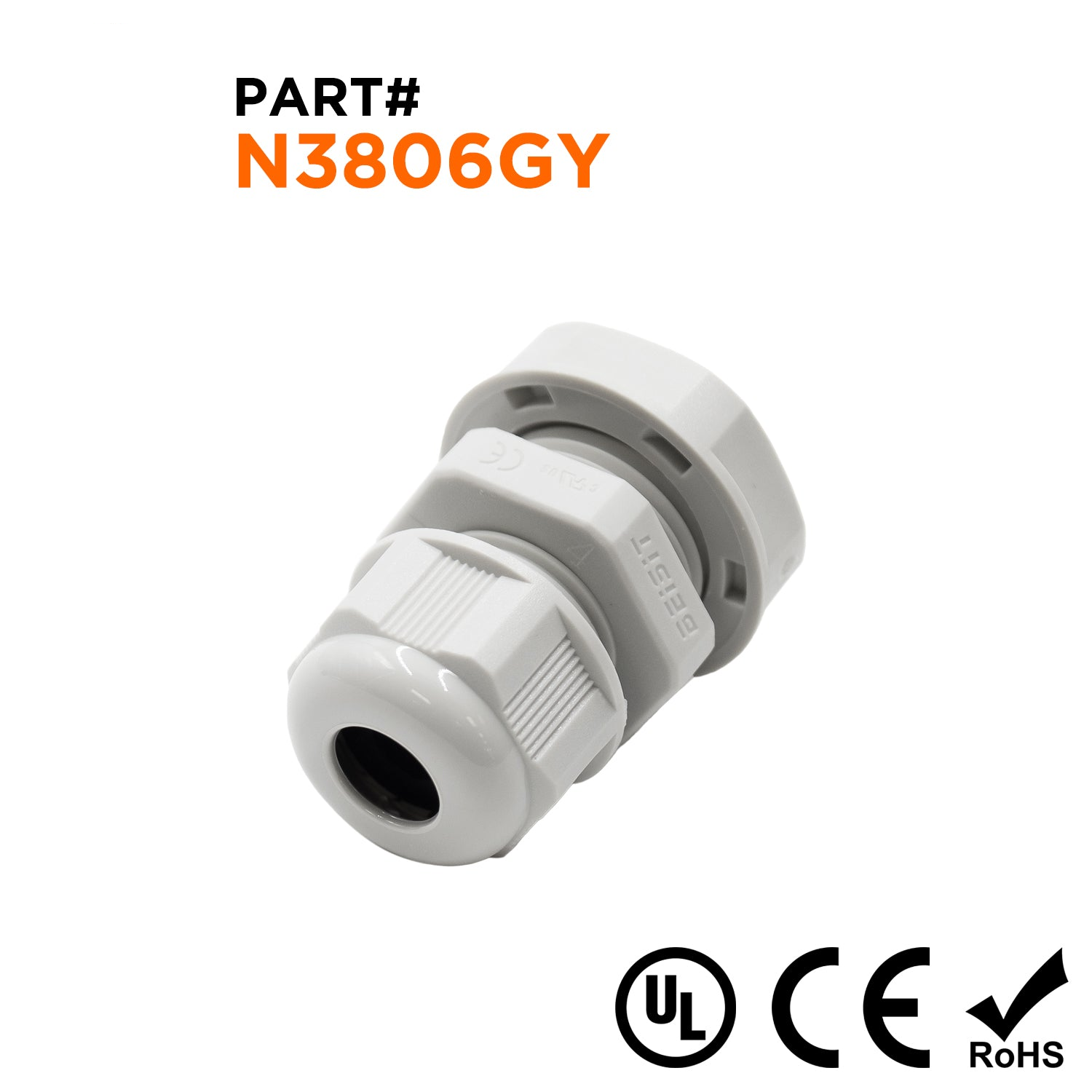 N3806 - 3/8" NPT Thread Nylon Cable Gland, Gray, Range: 1/16" to 1/4", UL Listed, IP68, IP69K - 1 Piece