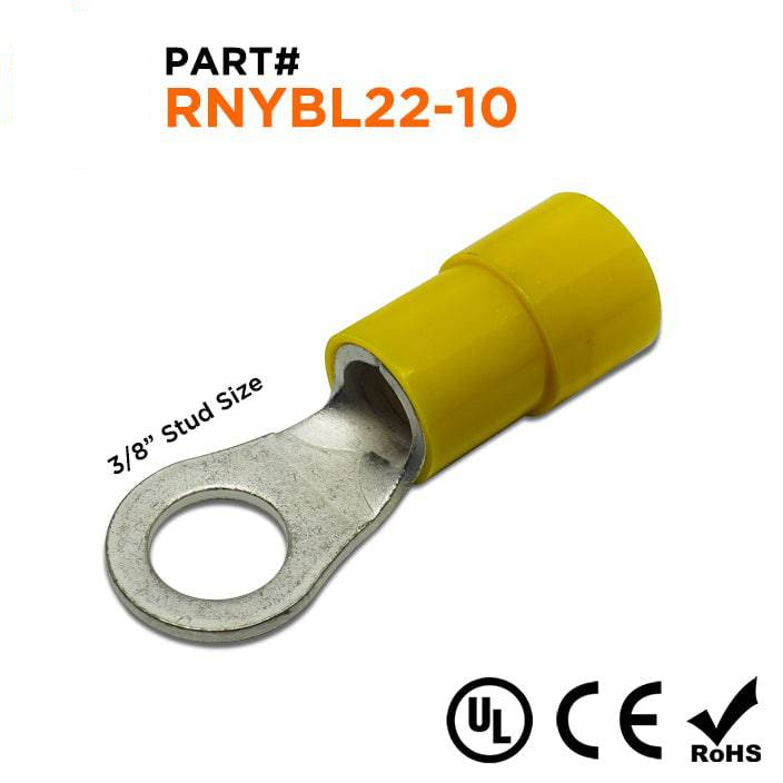 RNYBL22-10 - 4 AWG Con aislamiento de nailon Terminales de anillo, 3/8" Orificio, 10 piezas