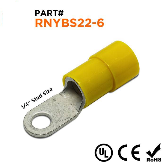 RNYBS22-6 - 4 AWG Nylon Insulated Ring Terminals, 1/4" Stud, Small, 10 Pieces