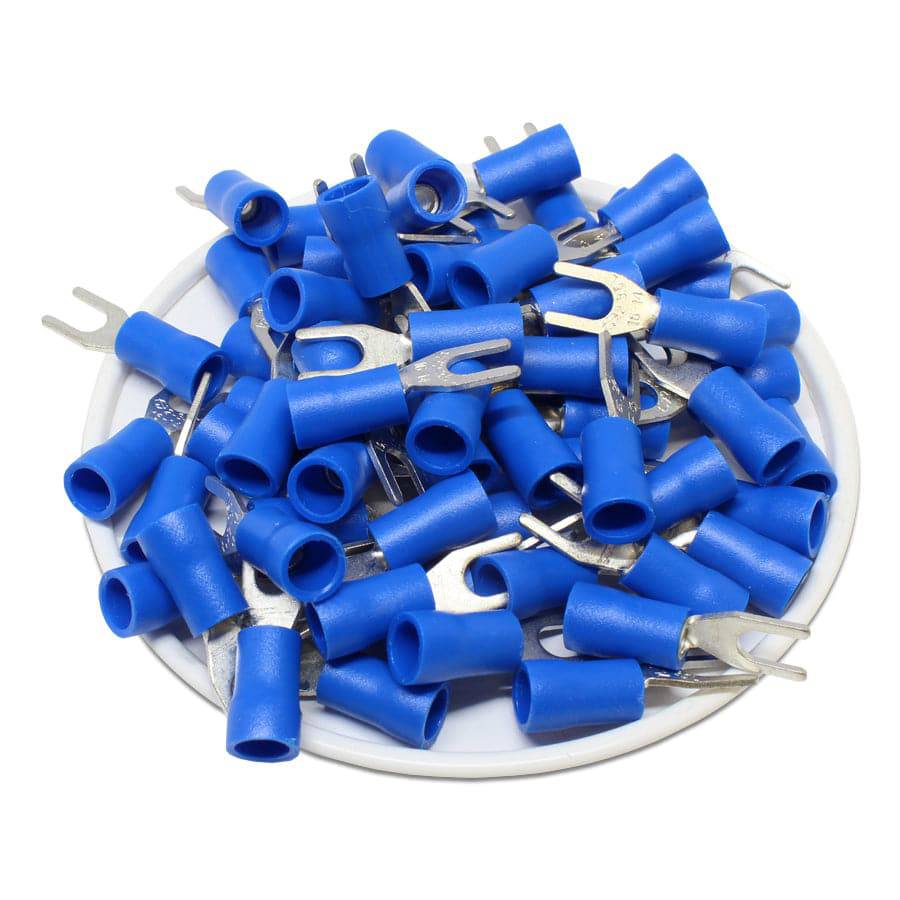 SVL2-37 - 16 to 14 AWG Vinyl PVC Insulated Spade Terminals, #6 Stud, Blue, 100 Pieces