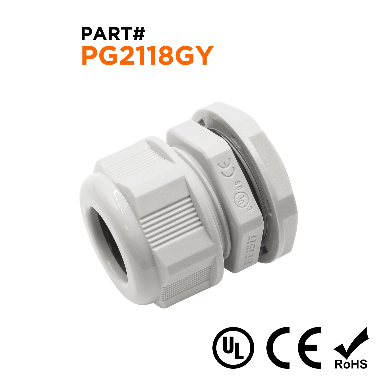 P2118GY - PG21 Rosca De nailon Prensaestopas, Gris, Rango: 1/2" a 11/16", UL Listed, IP68, IP69K - 1 pieza