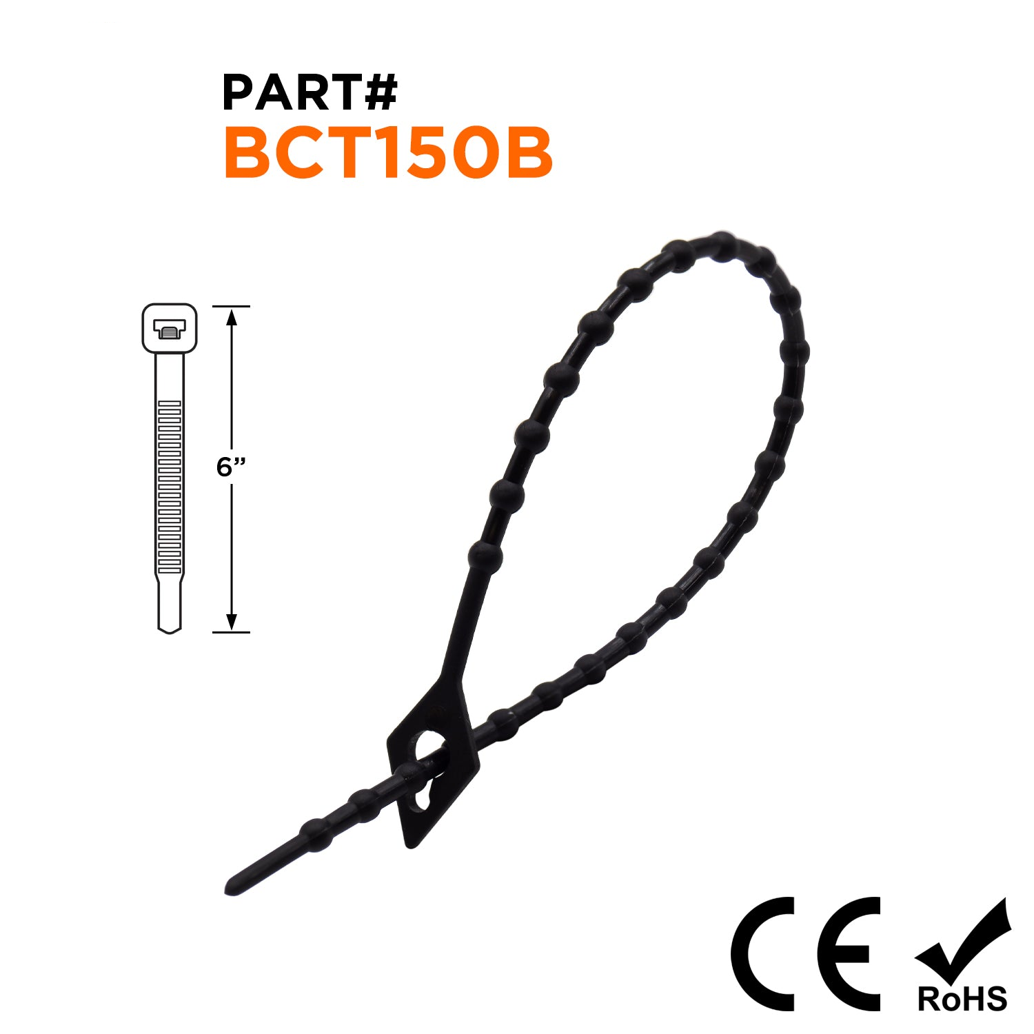 BCT150B - 6" Standard Beaded Nylon Reusable Cable Ties, 40-lb Tensile Strength, Black, UV Resistant, 100-Pack