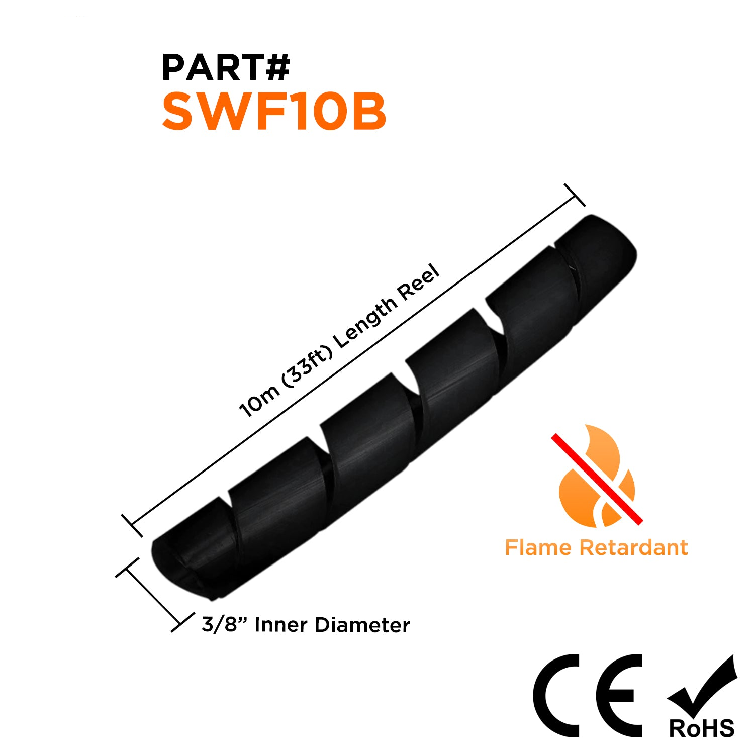 3/8" Flame Retardant Spiral Wrap PE Tubing, Color: Black, 33ft Bundle - SWF10B