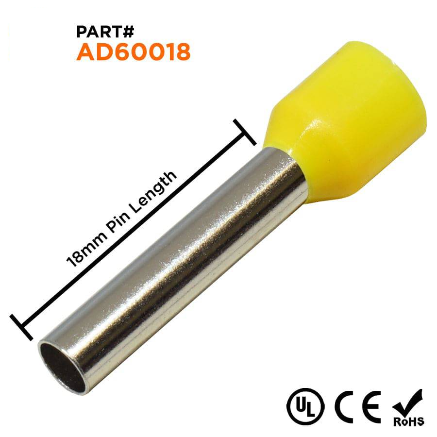 AD60018 - 10 AWG Insulated Wire Ferrules, 18mm Pin, Yellow, UL Recognized, 100 Pieces