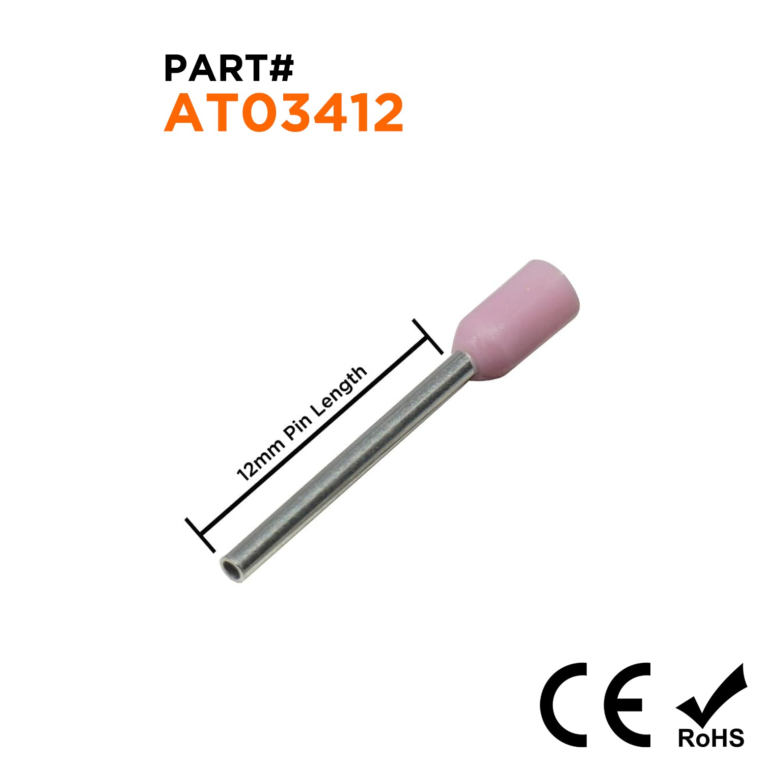 AT03412 - 22 & 24 AWG Single Insulated Wire Ferrules, 12mm Pin, Pink, 500 Pieces