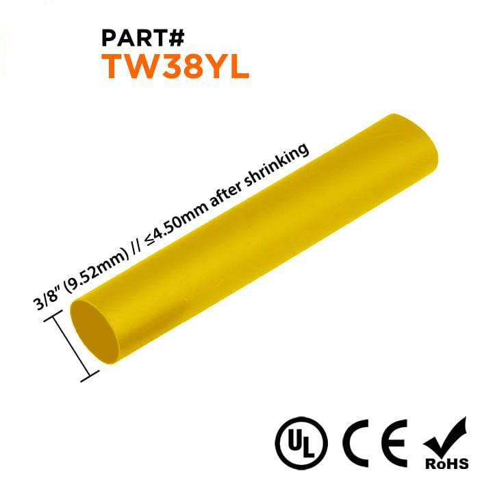 TW38YL - 3/8" Thin Wall Heat Shrink Tubing, 2:1 Shrink Ratio, Yellow, Spool of 250ft