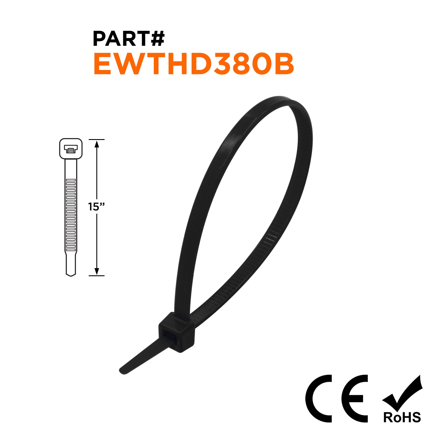 EWTHD380B - 15" Ultra Extreme Temperature Heavy Duty Cable Ties, 120-lb Tensile Strength, Black, UV Resistant, 100-Pack