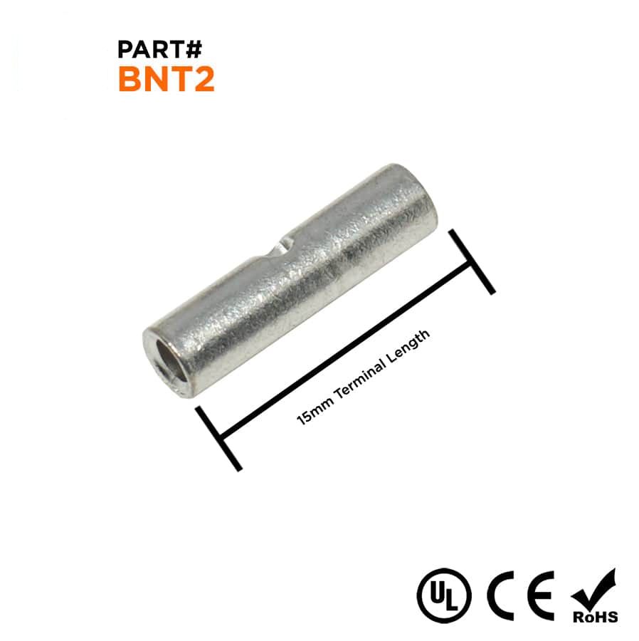 BNT2 - 16-14 AWG Non Insulated Butt Splice Connectors, 9/16" Length, UL Approved, 100 Pieces